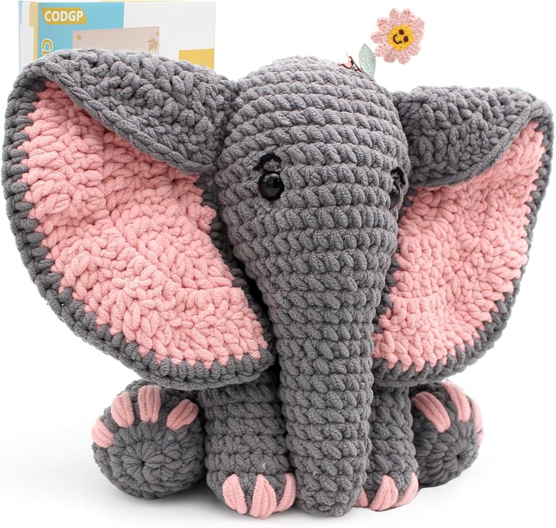CODGP Crochet Kit for Beginners,13in Crochet Animal Kit Elephant,Crochet Starter Kit Gift for Adults Kids with Yarn Sets,Amigurumi Crochet Kit with Step-by-Step Video Tutorials