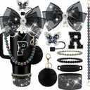 Letter Stickers Bling Accessories Set for Stanley 40/30/20 oz Tumbler: Bow Straw Topper, Charms, Butterfly Cap, Pearl Strap, Silicone Boot, Accessories for Stanley Quencher H2.0