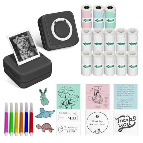 Aptika Sticker Printer - Print Pod 2.0 Mini Printer with 14 Rolls Sticky Paper, Thermarote Portable Sticker Maker Machine, Thermal Label Maker, Thermanote Labeller for Photos Notes Graphics, Black