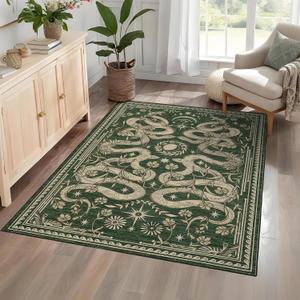 Snake 3x5 Area Rug Washable Non-Slip Forest Green Gothic Witchy Fantasy Small Indoor Rugs for Entryway Soft Low-Pile Carpet for Kitchen Bedroom Living Room Nursery Throw Rug