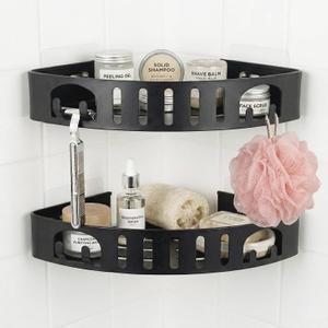 Adhesive Corner Shower Shelf No Drill | Rust-Proof Aluminum Alloy Stick On Bathroom Organizer with Shaving Holder for Shampoo, Conditioner, Soap, Razors Black 2Pack
