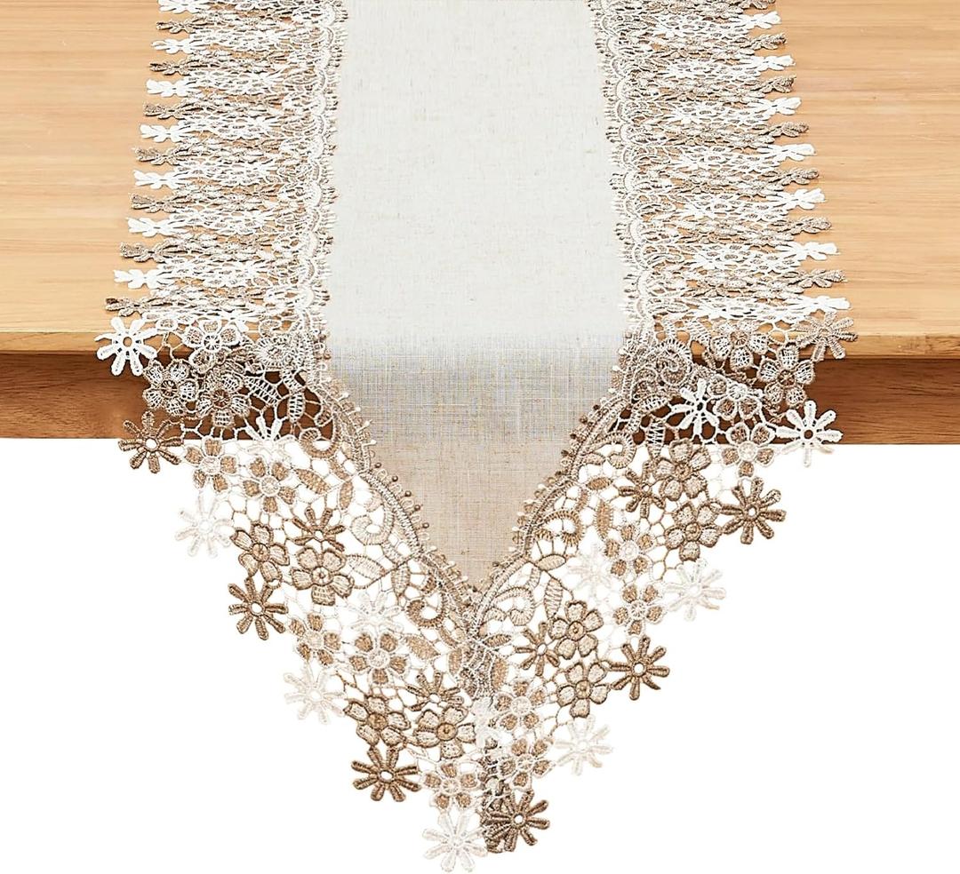 Natural Neutral Earth Tones Beige Floral Lace Table Runner Dresser Scarf 120 inches Long for Home Decor (16 x120, Floral Natural)
