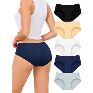 voenxe Women Underwear Cotton Hipster Breathable Bikini Full Coverage Panties Comfortable Low Rise Ladies Briefs 5 Pack (Medium, Basics)