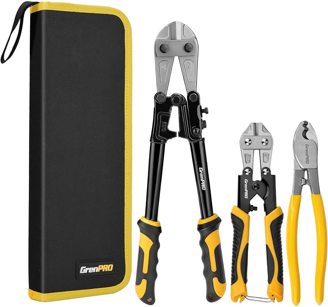 GRENPRO 3-Piece Bolt Cutter Pliers Set, 14" Heavy Duty Bolt Cutter, 8" Mini Wire Cutter, 8" Cable Cutter with Carrying Bag, Cr-V Blade for Metal, Key, Lock, Craft & Hard Wire, Screw, Chains Hand tool