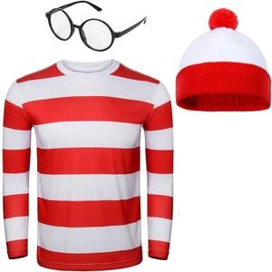 Adult Men Red and White Striped Tee Shirt Glasses Hat Outfit Suit Set Halloween Cosplay Costume Party Props (X-Small)