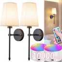Battery Operated Wall Sconce Set Of Two with Remote Control, Indoor Not Hardwired Dimmable Battery Operated Wall Sconce Light Fixture with Fabric Linen Shade For Bedroom Living Room, Bulb Included 