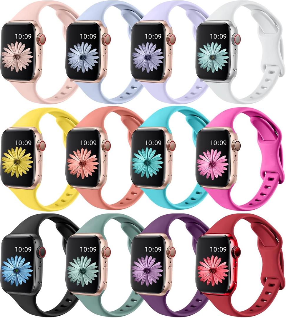 Lerobo 12 Pack Slim Thin Bands Compatible with Apple Watch 38mm 40mm 41mm 42mm 44mm 45mm 46mm 49mm Women Men, Narrow Soft Sport Strap Wristband for iWatch Series 11/10/9/8/7/SE/6/5/4/3/2/1/Ultra 3 2
