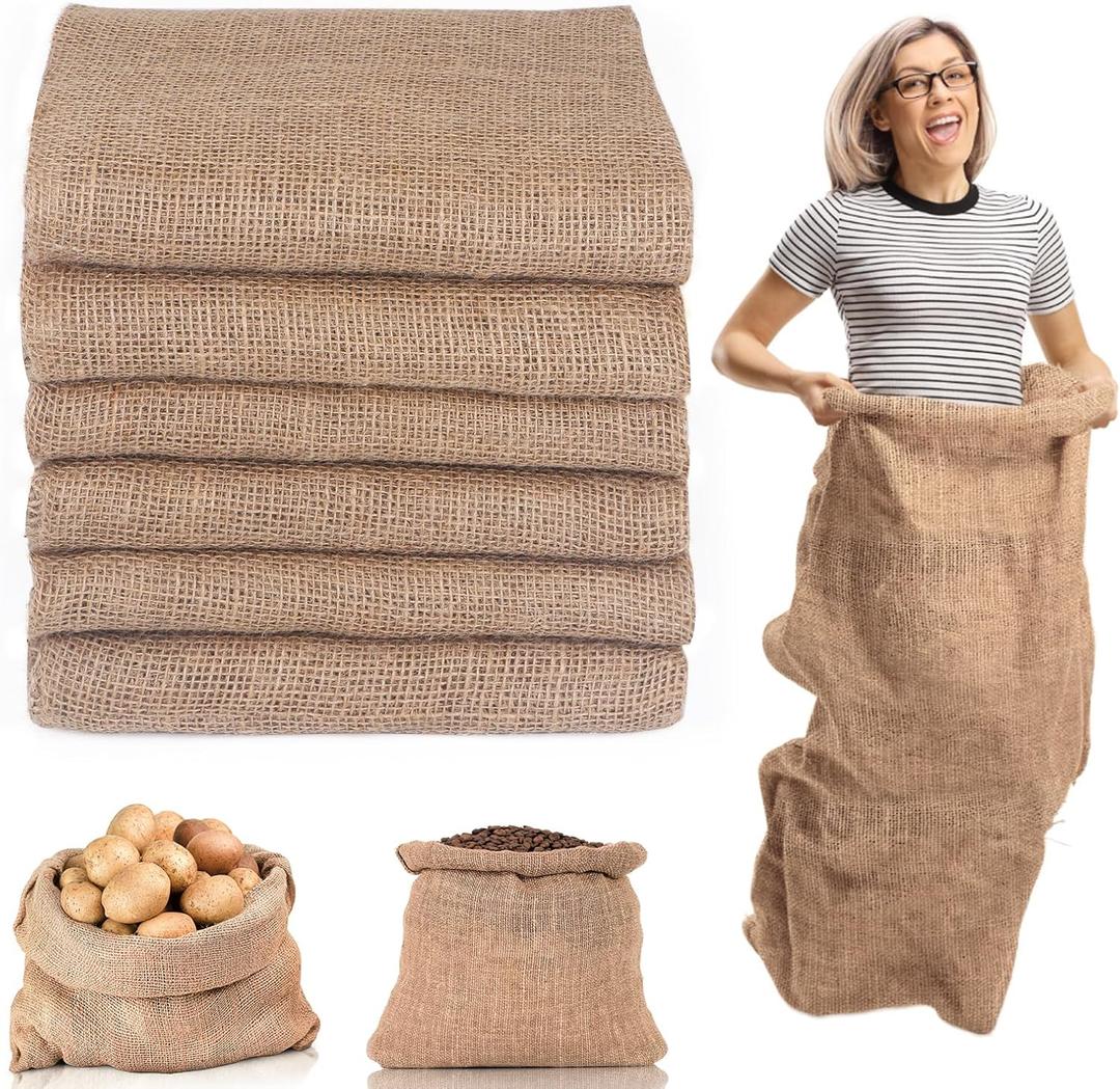 Kmise Burlap Potato Sack Race Bags (Pack of 6)48"x25" Large Natural Jute Burlap Sacks for Kids & Adults, Reusable Eco-Friendly Grow Bag for Field Day Games, 3-Legged Races & Harvest Storage