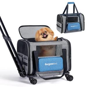 BurgeonNest Cat Carrier with Wheels, Pet Carrier for Dogs 25 lbs with Telescopic Handle, Small Dog Bag with Wheels Removable, Soft Rolling Cat Purse with Large Pocket for Travel Vet Visits
