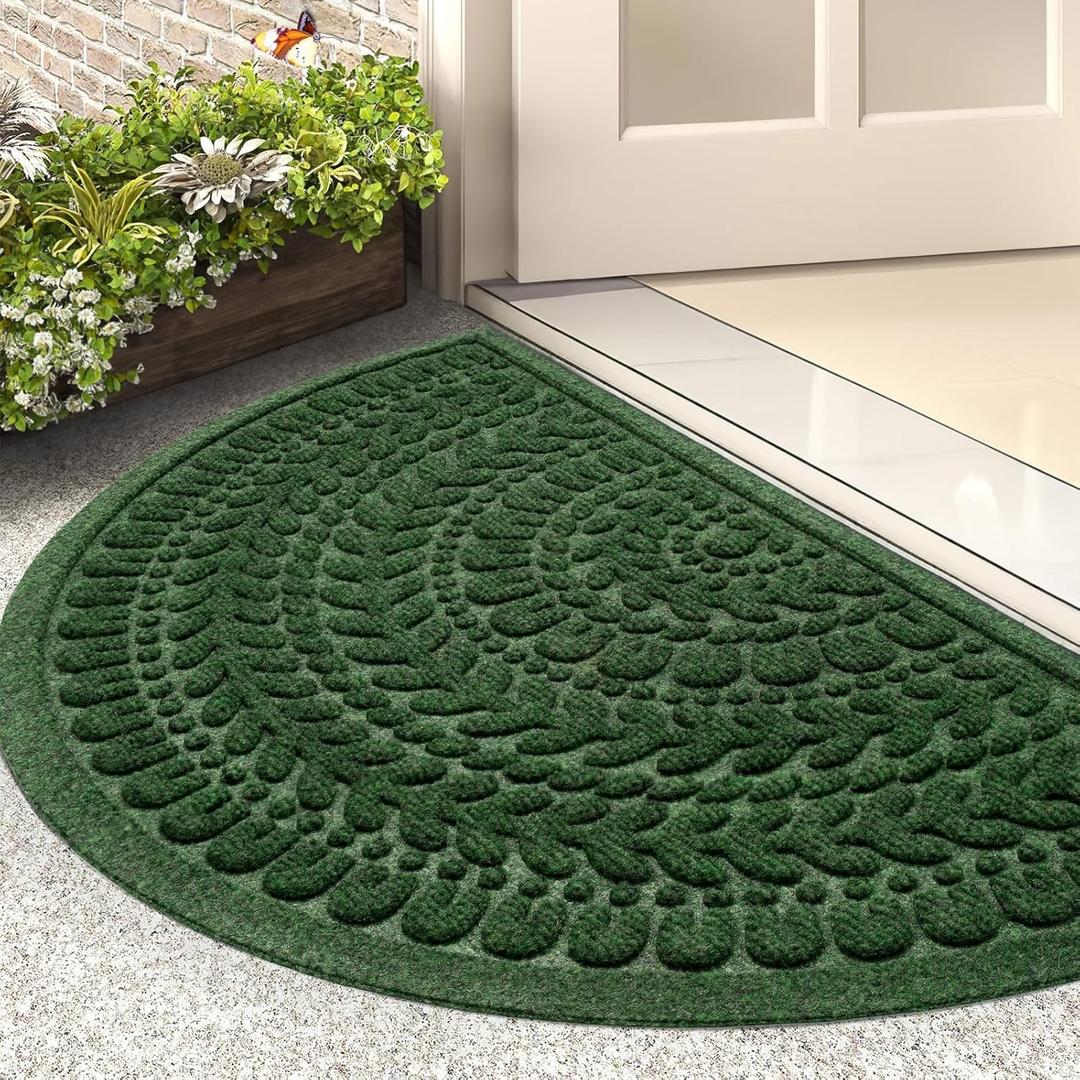 RORA Half Circle Door Mat Front Door Mat Outside Entrance Welcome Mats Outdoor Indoor Semicircular Doormat for Outdoor Half Round Door Mats for Garage Muddy Paws 17x30 (Green)