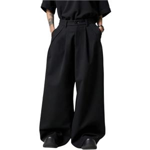 OYOANGLE Men's Baggy Wide Leg Pants Zipper Fly Pleated Work Casual Long Trousers with Pocket (XX-Large, Black)