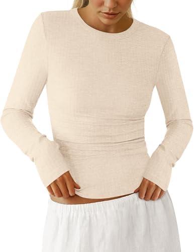 PRETTYGARDEN Womens Long Sleeve Shirts 2026 Ribbed Knit Slim Fitted Basic Tee Casual Going Out Tops Underscrubs Fall Clothing, Small