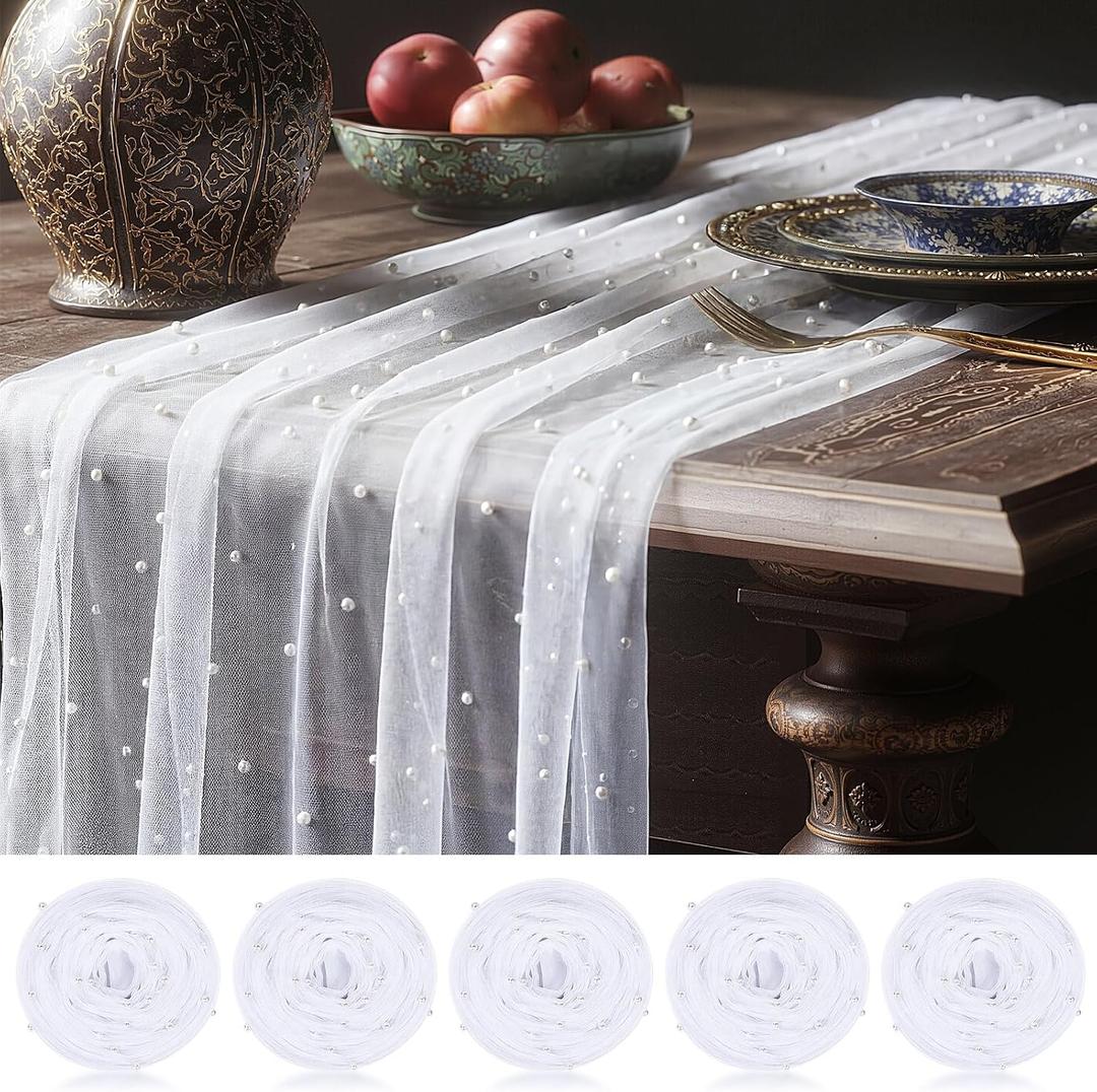 White 10 Pcs Pearl Gauze Table Runner 120 Inch 10ft Pearl Sheer Tulle Table Cloth Centerpieces for Home Wedding Birthday Bridal Baby Shower Party Favor Holiday Dining Decorations