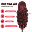 Wine Red Wigs with Bangs for Women Long Wine red Wavy Wigs 26IN Natural Synthetic Wig for Daily Party Use(Wine Red)