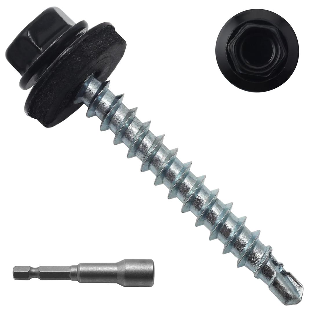250pcs #10 x 1-1/2" Black Hex Head Self-Drilling Metal Roofing Screws, EPDM Washer, Colored Head, Sheet Metal Roof Screw with Hex Driver Bit