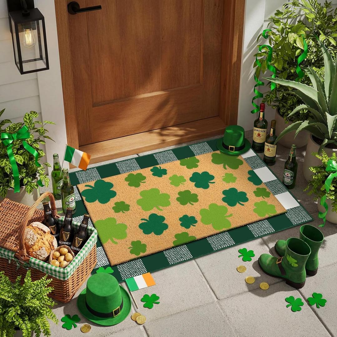 Duraaamo 2 Pcs St Patrick's Day Door Mat Green Irish Shamrock Doormat Non Slip Lucky Clover Entrance Door Rugs Outdoor Mat Floor Mats Welcome Doormats for Front Porch Entryway Decor