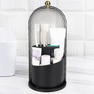 QIYVLOS Toothbrush Holders with Sliding Lid, Rotating 3 Slots Bathroom Organizer Countertop, Tooth Brush Toothpaste Holder Bathroom Counter Stand Caddy for Vanity Makeup Brushes Holder (Black)