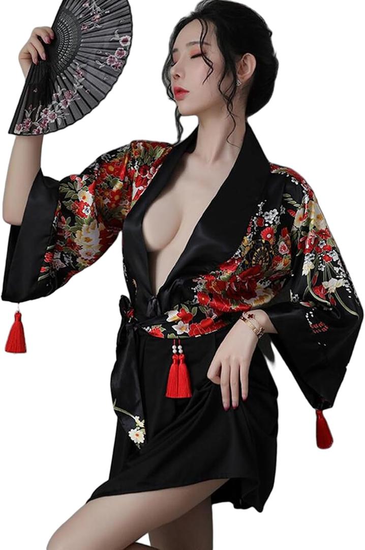 SINMIUANIME Women's Sexy Cosplay Japanese Kimono Traditional Style Yukata Printed Pajamas Costumes (Classic, A247Black)