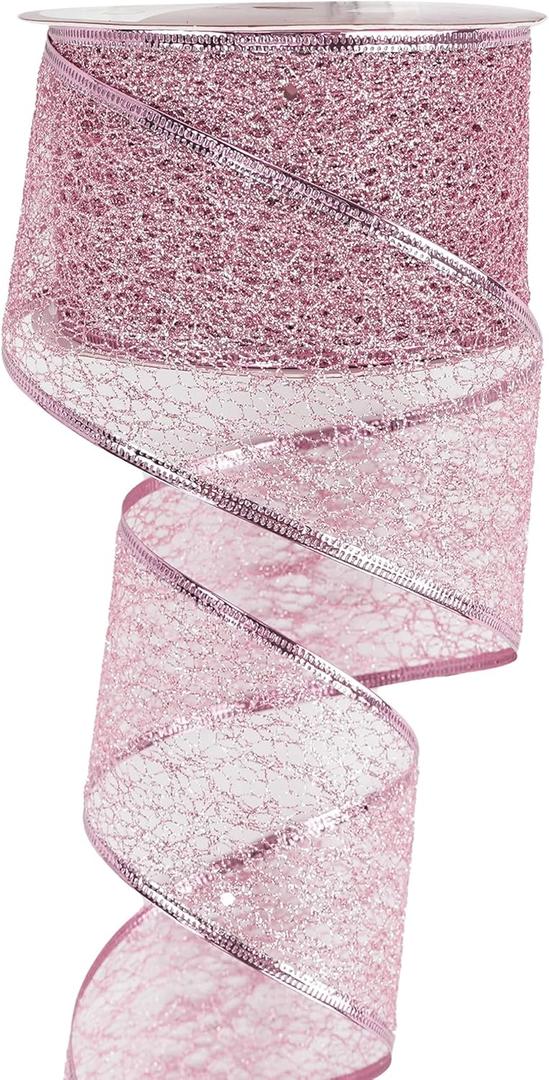 MEEDEE Pink Glitter Ribbon Wire Mesh Ribbon Wired Christmas Ribbons 2.5 Inch Pink Wired Ribbons for Christmas Tree Decoration, Garland, Wreath Bow Making (25 Yards)