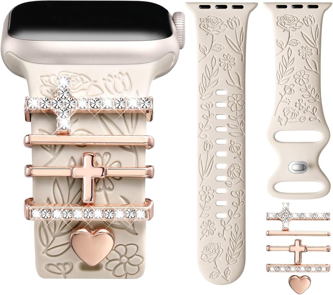 DaQin Flower Engraved Band Compatible with Apple Watch Bands 44mm 42mm 45mm 46mm for Women, Soft Silicone Strap With Decorative for Apple Watch Charms for iWatch Series 3