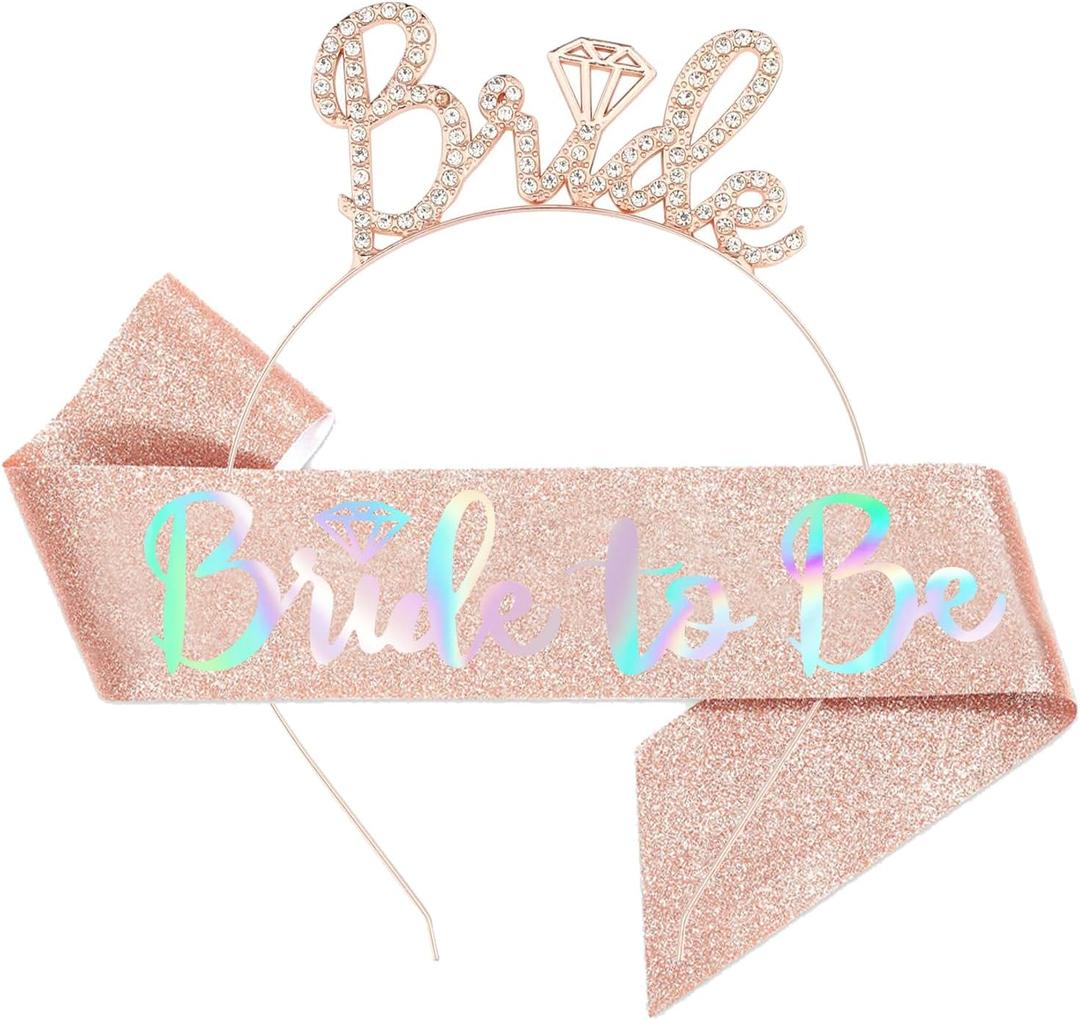 Bachelorette Party Decorations Bridal Shower Headband, Bride to Be, Crown Bride with Glitter Sash for Women Bachelorette Party Gifts, Bachelorette Party Supplies, Gifts, Favors (PINK)