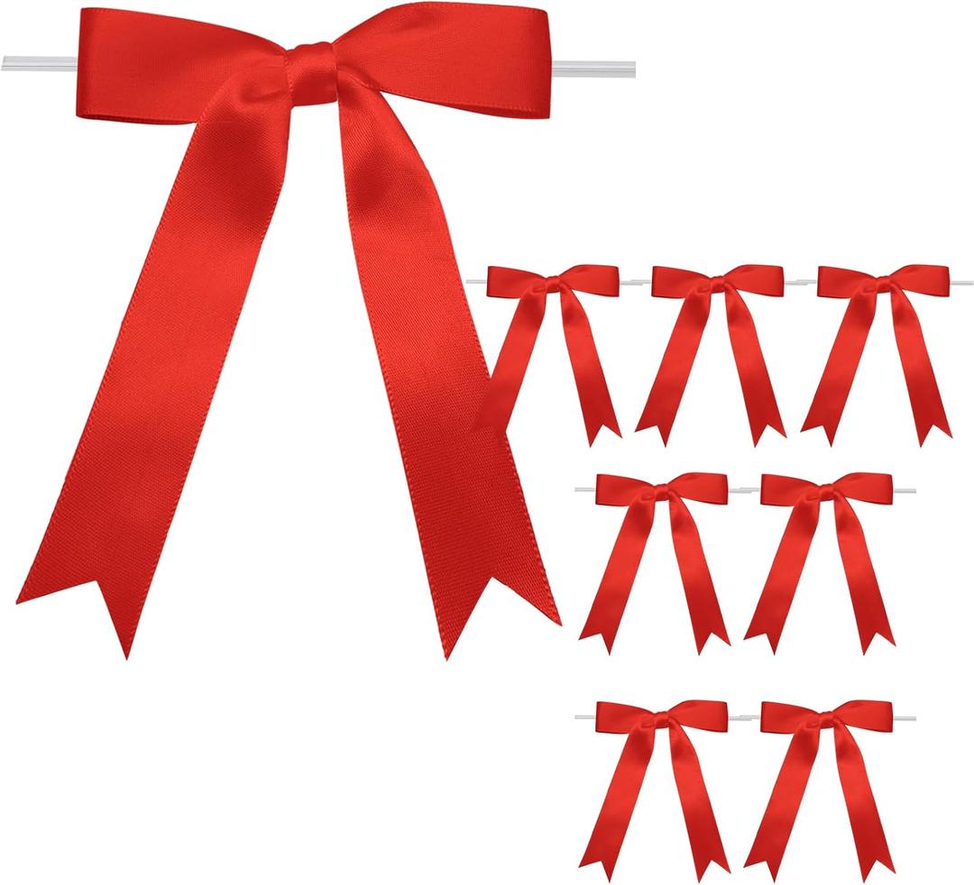 Luomorgo 60 Pcs Large Satin Twist Tie Bows 5x7 Inch - Premade Ribbon Bows for Gift Wrapping, Wedding & Party Decor | No-Assembly Ribbon Bow for Champagne Bottles, Treat Bags, Crafts (Red)