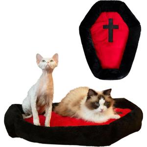 Purrzone Gothic Cat Beds Fits up to 25 lbs, Washable Coffin Cat Bed, Goth Pet Bed, Halloween House 24 * 16.9 Inch, Red & Black Small