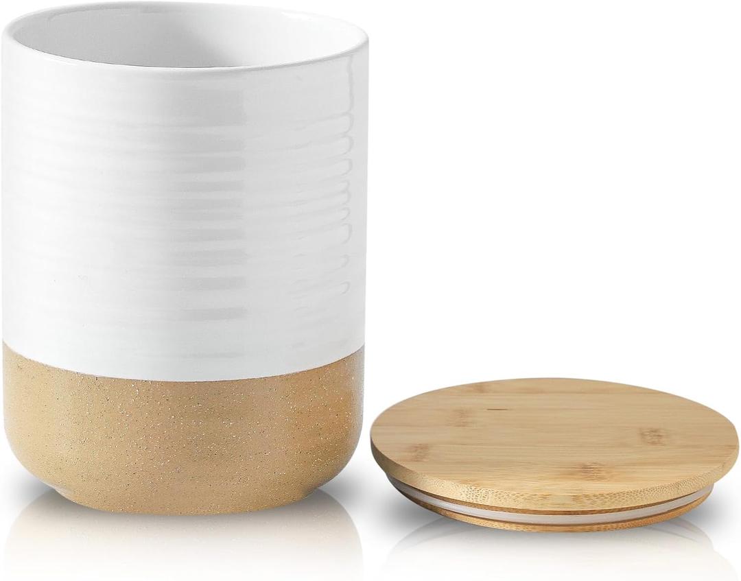 HASENSE 80oz White Ceramic Food Storage Jar with Bamboo Lid  7.5 Inch Minimalist Kitchen Canister for Pantry, Dry Goods, Sugar, Tea, Flour  Airtight Wide Mouth Container with Natural Base