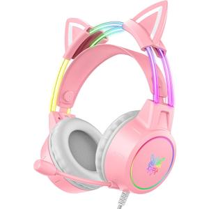 Lightweight Gaming Headset with Detachable Cat Ears, RGB Lighting, Wired Over Ear Headphones with Mic for PC, PS4, PS5, Switch, Stereo Surround Sound, Self-Adjusting Headband