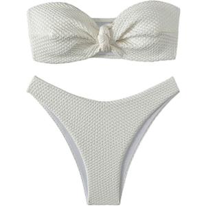 SHENHE Women's Strapless Tie Front 2 Piece Swimsuits Sexy Thong Bandeau Bikini Set (Large, Beige)
