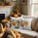 4 x Fall Pillow Covers 18x18 Set of 2, White Linen Orange Pumpkin Decorative Throw Pillow Cases, Double-Sided Print, Autumn Harvest Cushion Covers for Couch Sofa Bed
