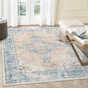 Coral 5x7 Area Rug, Soft, Washable, Non-Slip, Stain Resistant, Distressed, Low Pile, Lightweight, Accent Rug for Bedroom, Dining Room