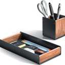 UPERGO Walnut Desk Tray with Pen Holder Set, Natural Wooden Desk Drawer Organizer Office, Organizer Tray for Keys, Pen, Watch