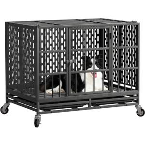 38 Inch Heavy Duty Dog Crate with Wheels, Metal Big Dog Cage for Large and Medium Dogs, Extra Large XL XXL Indestructible Dog Crate with Removable Tray.