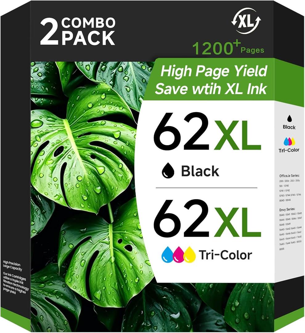 62XL Ink Cartridge Combo Pack Replacement for HP 62XL 62 Work with HP Envy 7640 7645 5540 5640 5642 5665 OfficeJet 250 200 8040 5746 Printer (1 Black, 1 Tri-Color)