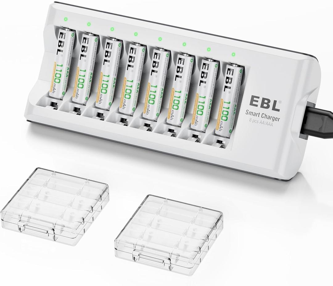 EBL Rechargeable AAA Batteries, 8 Pack 1100mAh NiMH Triple AAA Batteries and Individual AA AAA Battery Charger