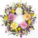 LLZLL Spring Wreaths for Front Door 22 Inch Spring Wreath Artificial Summer Wreath with Colorful Dahlia Daisy and Forsythia for Farmhouse Home Holiday Decorations (Multicolor-4)