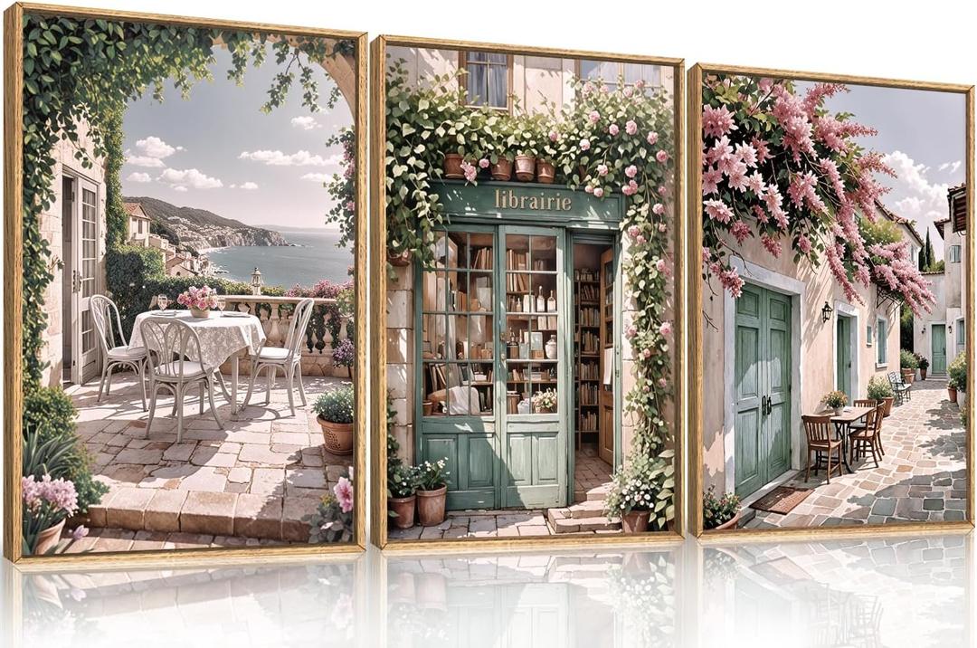 Modern French Flower Street Framed Canvas Wall Art Set, Romantic Green Landscape Wall Decor, Vintage Mediterranean Bookstore Neutral Coast Cityscape Artwork for Living Room, Bedroom-24 x36 x3