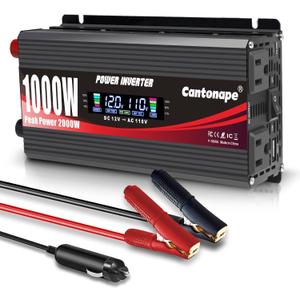Cantonape 1000 Watt Power Inverter DC 12V to 110V/120V AC Car Inverter with LCD Display, 2 AC Outlets, 3.0A USB and 20W Type-C Car Charger for Vehicles Home Laptop Truck Black