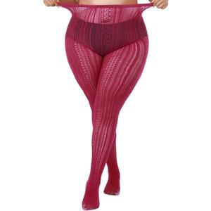 Stripe Lace Pattern Plus Size Tights High Waist Velvet Pantyhose Lace Fishnet Stockings Leggings (Cranberry)