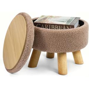 OGEMXU Ottoman Foot Rest, Small Round Ottoman with Storage, Boucle Teddy Velvet Footstool with Wood Legs, Soft Sponge Storage Ottoman for Living Room, Bedroom, Couch, Enterway (Camel Brown)