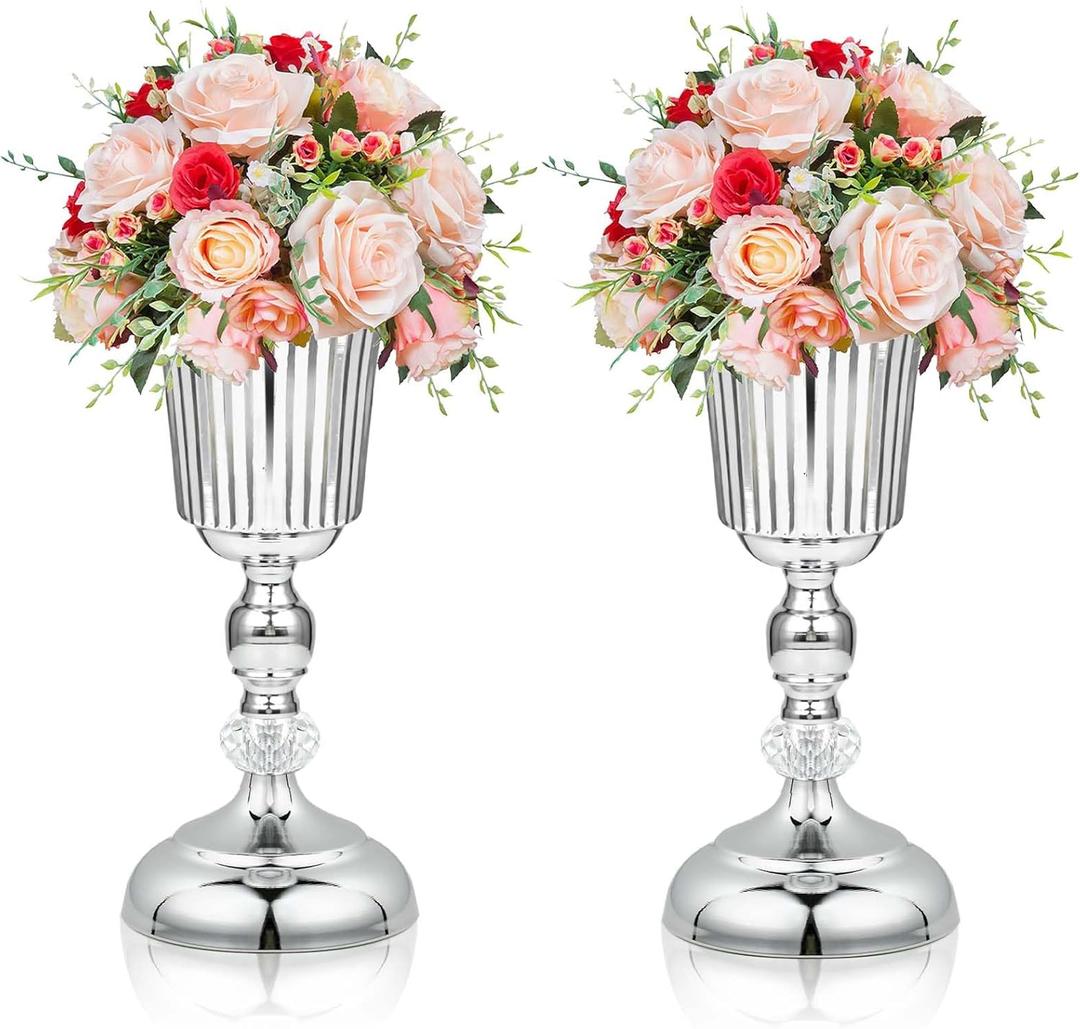 2PCS Silver Metal Flower Trumpet Stripe Vases Crystal Table Centerpieces Artificial Flower Arrangements for Anniversary Celebration/Wedding/Party/Birthday Event Aisle Home Decor