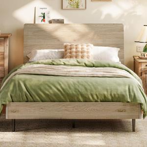 LINSY Wood Bed Frame with Headboard, Queen Bedframe Wooden Platform Frames Boho Queen Size Bed Frames with Solid Wood Slat, No Box Spring Needed, Easy Assembly, Light Wood