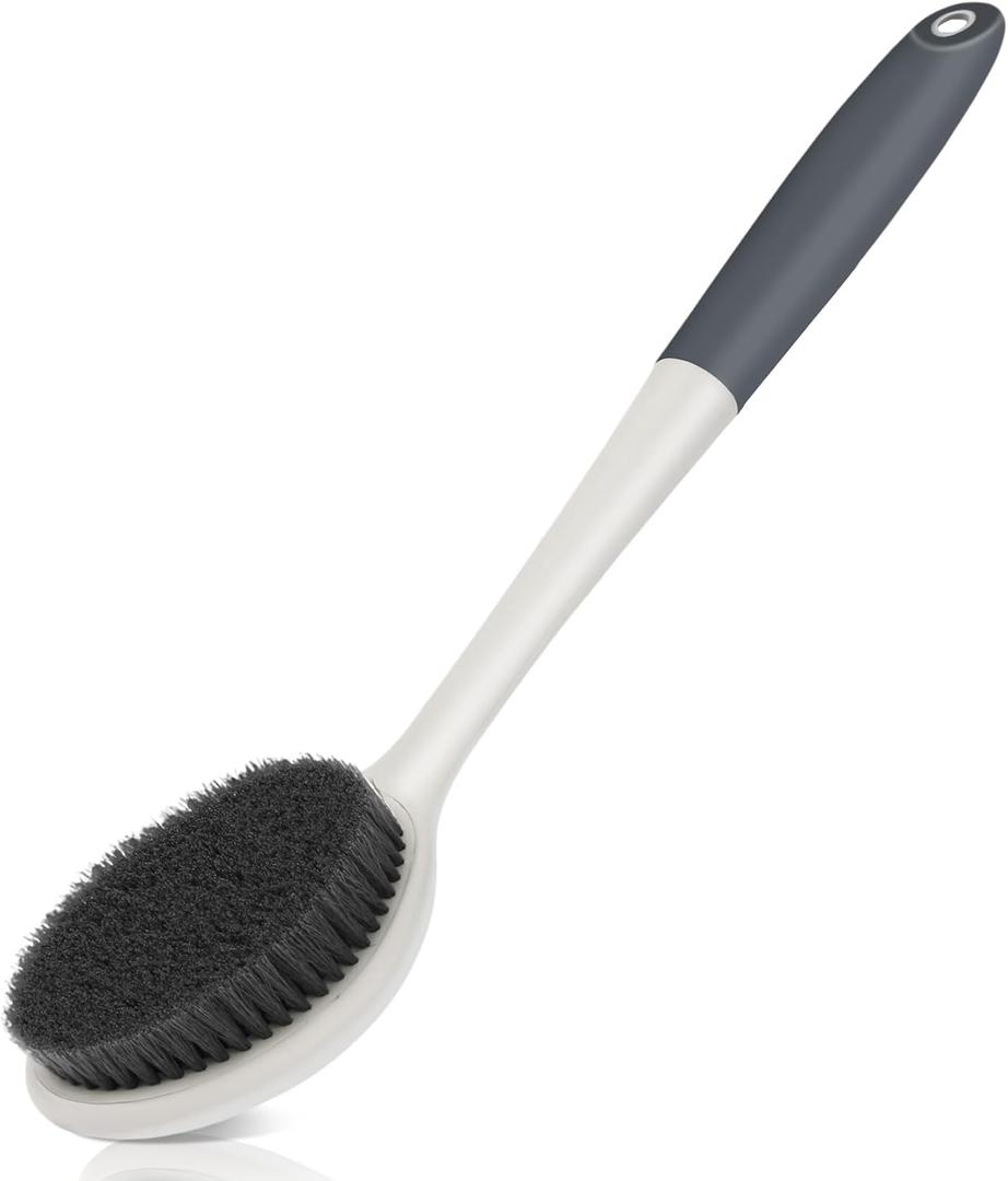 surlees Back Brush for Shower for Men & Women 17" | Body Brush for Wet & Dry Brushing | Exfoliating Body Scrubber & Back Scrubber | Shower Brush with Long Handle (Gray, Scrub Force 5-7)