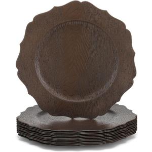 Mifoci 12 Pcs 13" Rustic Brown Wooden Textured Acrylic Chargers Plates with Scalloped Rim Round Faux Wood Chargers for Dinner Plates for Fall Thanksgiving Day Wedding Party Table Decor