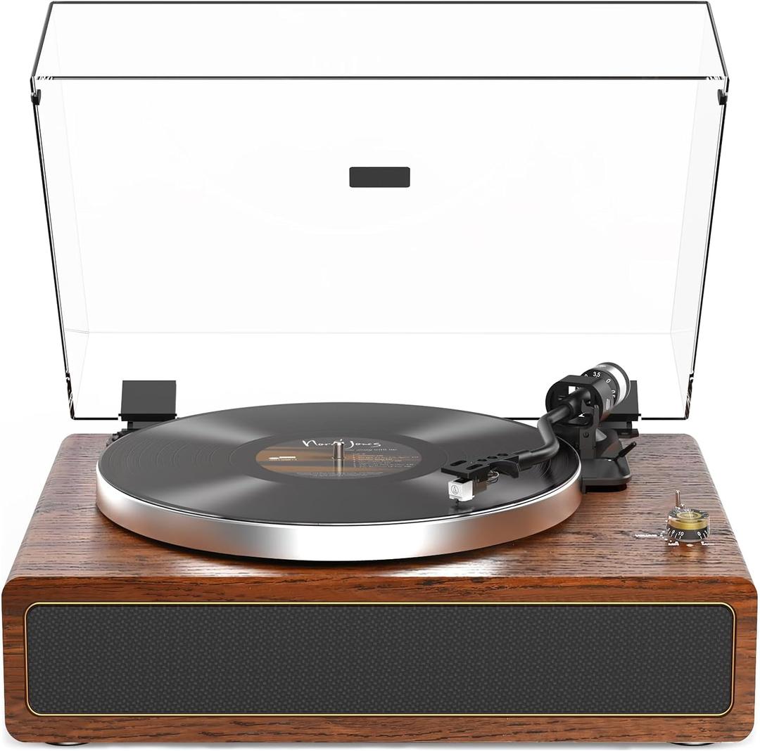 Turntable Record Player with Built-in Speakers, Vinyl Record Player Support Bluetooth Playback Auto Stop 33&45 RPM Speed RCA Line Out AUX in All-in-one Belt-Drive Turntable for Vinyl Records (Brown)