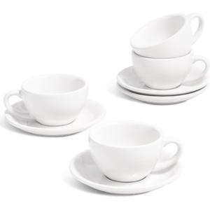 LE TAUCI 3 oz Espresso Cups with Saucers, Set of 4 Ceramic Demitasse Cup and Saucer Set for Double Espresso Shot, Lungo, Ristretto, Embossed Coffee Cups, White