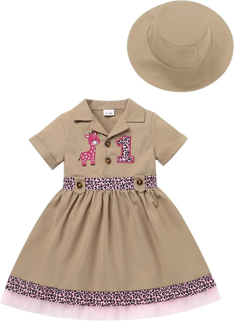 IDOPIP Baby Girls Wild Jungle Safari 1st Birthday Outfit Toddler Leopard Giraffe Tutu Dress with Hat Clothes for Photo Shoot, 12-18M