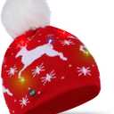 Light Up Christmas Beanie Hats for Adults - Knit Winter Pom Pom Snow Cap, Holiday Xmas Party Supplies (Reindeer Design)