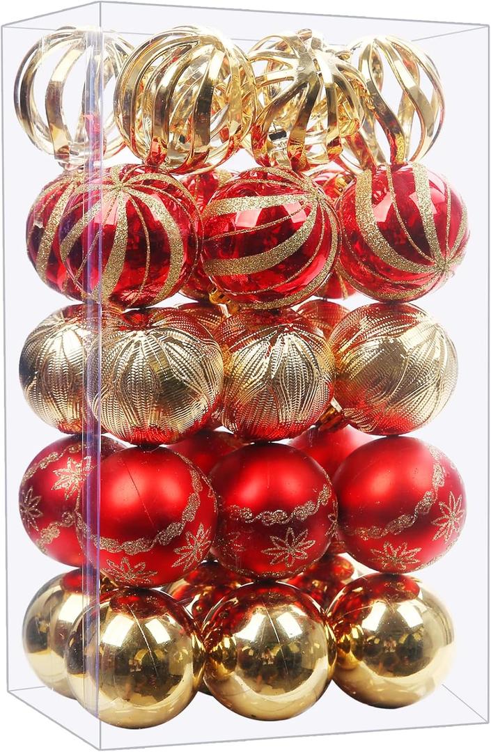 Christmas Ball Ornaments, 30 pcs 2.36" Shatterproof Baubles Set Red and Gold for Xmas Tree Decorations, Hanging Ornaments for Wedding Party